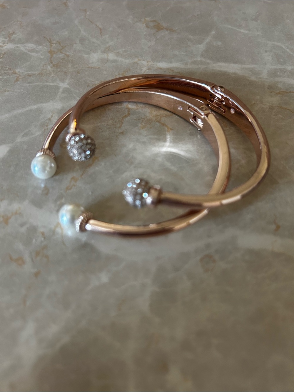 Rose Gold Pearl & Crystal Open Bangle Bracelet - Women Jewelry